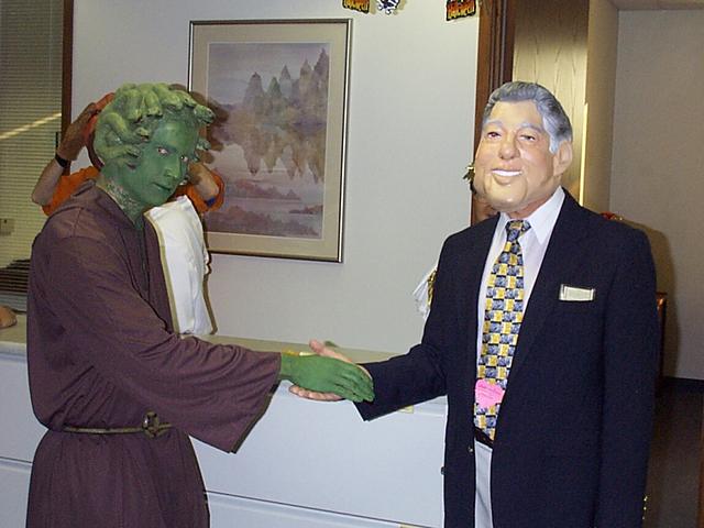 me in Gorgon costume: shaking hands with Tom as Bill Clinton