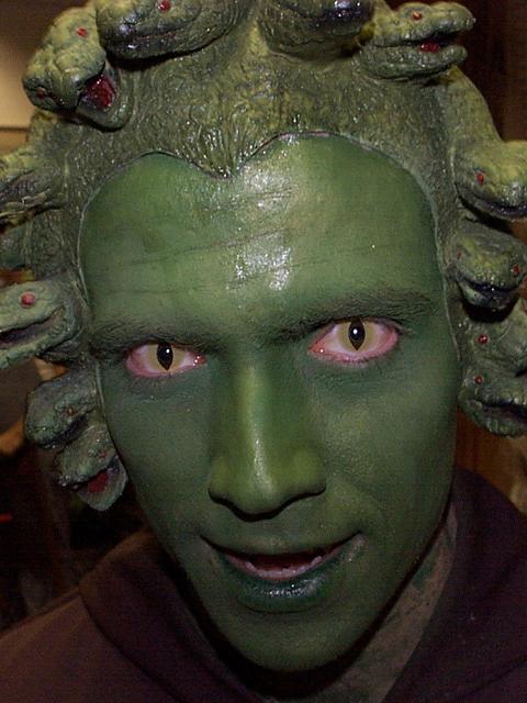 me in Gorgon costume: face shot with fixer spray shine